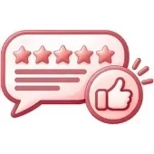 Pink five-star review speech bubble with thumbs-up icon