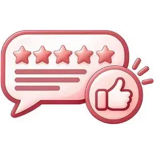 Pink five-star review speech bubble with thumbs-up icon