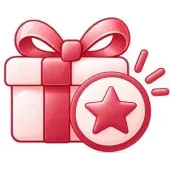 Pink gift box with ribbon and a star badge icon