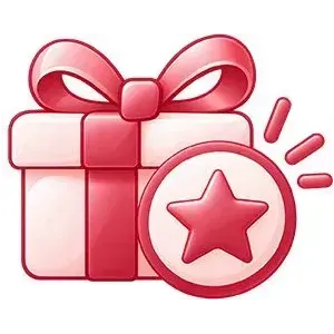 Pink gift box with ribbon and a star badge icon