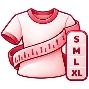 Pink T-shirt with a measuring tape wrapped around it and a size tag showing S, M, L, XL