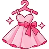 Pink dress on a hanger with a bow and sparkles, cartoon style.