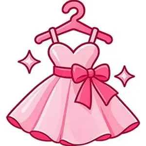 Pink dress on a hanger with a bow and sparkles, cartoon style.
