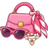 Pink handbag with sunglasses, striped scarf, and pearl heart bracelet on a white background