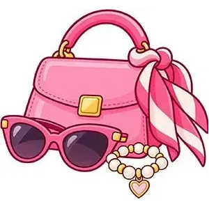 Pink handbag with sunglasses, striped scarf, and pearl heart bracelet on a white background