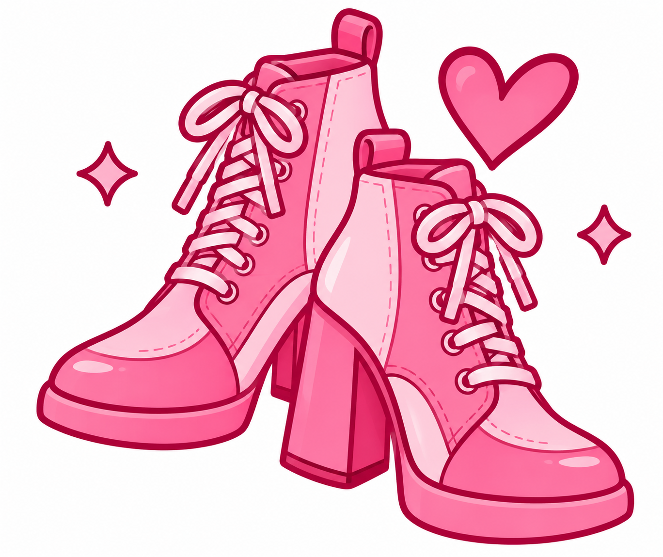 Pink sneakers with white laces and swoosh, accented by a heart and sparkles