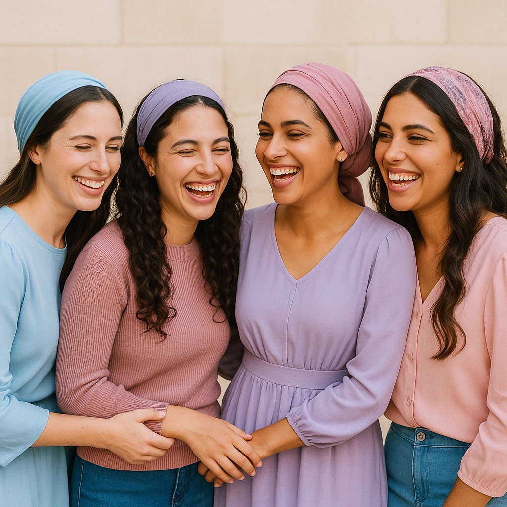 Four women smiling together, wearing headbands and colorful clothing.