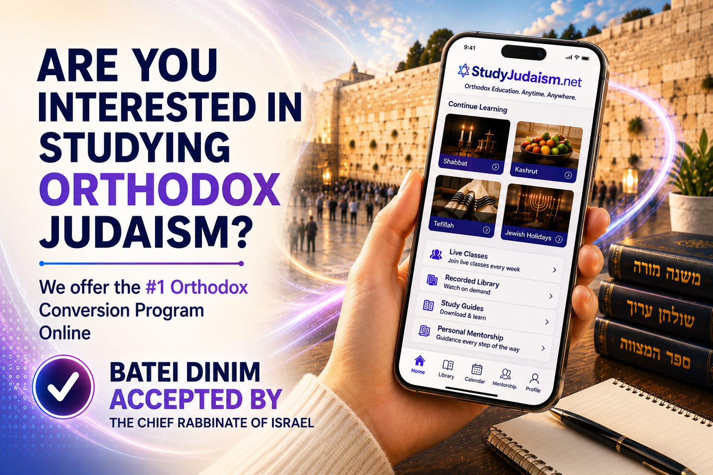Advertisement: Man in Orthodox Jewish attire promoting online Orthodox conversion program.