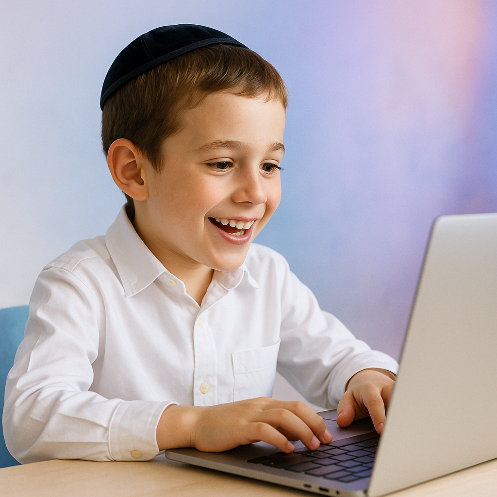 Boy with a kippah smiles while using a laptop at a desk.