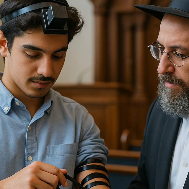 A young man and a Rabbi wearing traditional Jewish attire, applying tefillin in a synagogue.