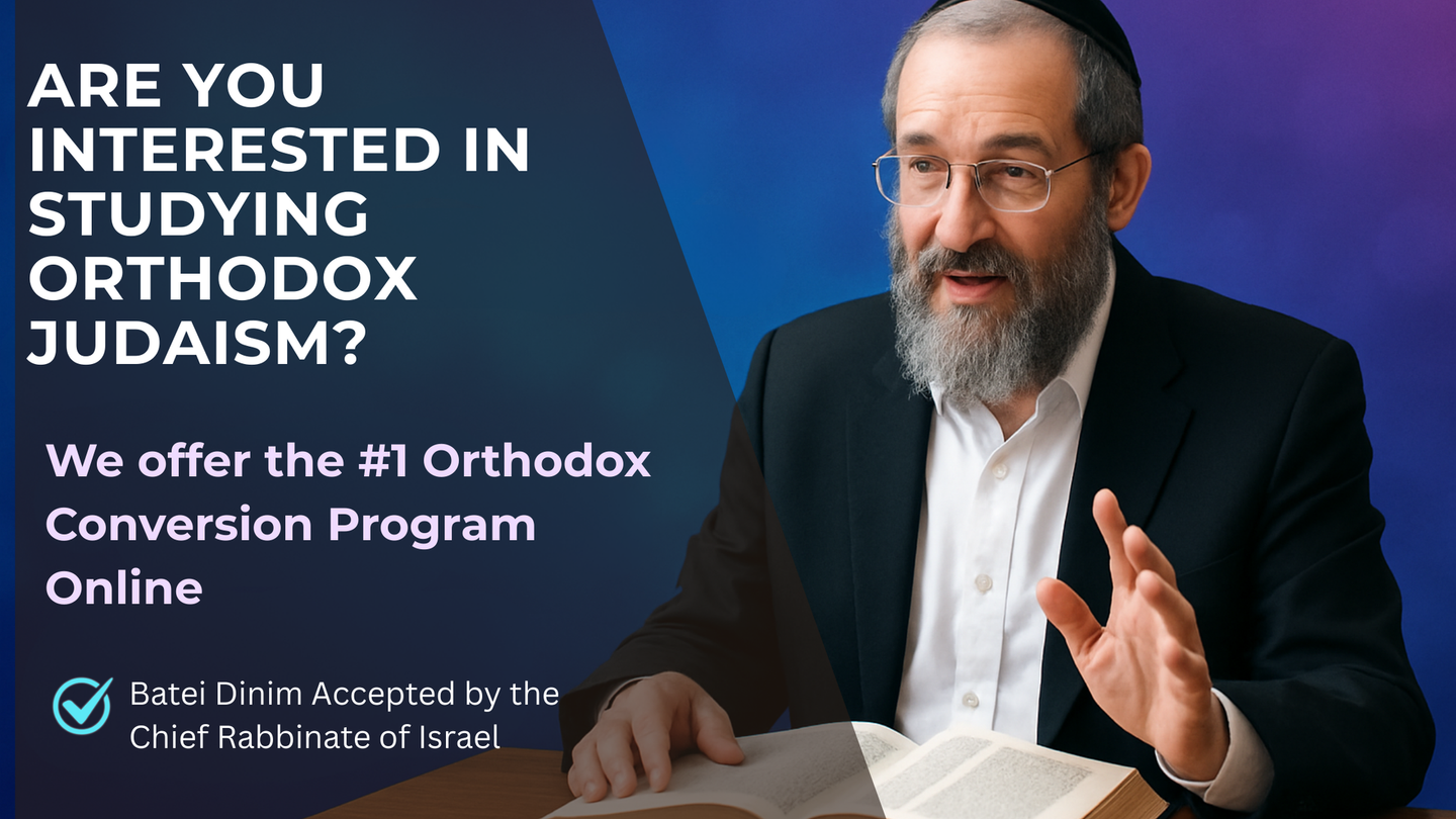 Advertisement: Man in Orthodox Jewish attire promoting online Orthodox conversion program.