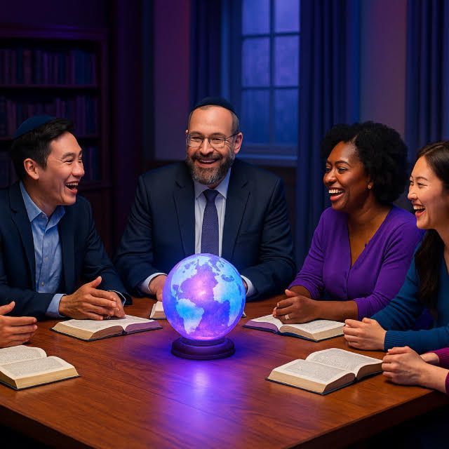 People sitting around a table, books open, laughing. A glowing globe sits in the center. Bookshelves in the background.