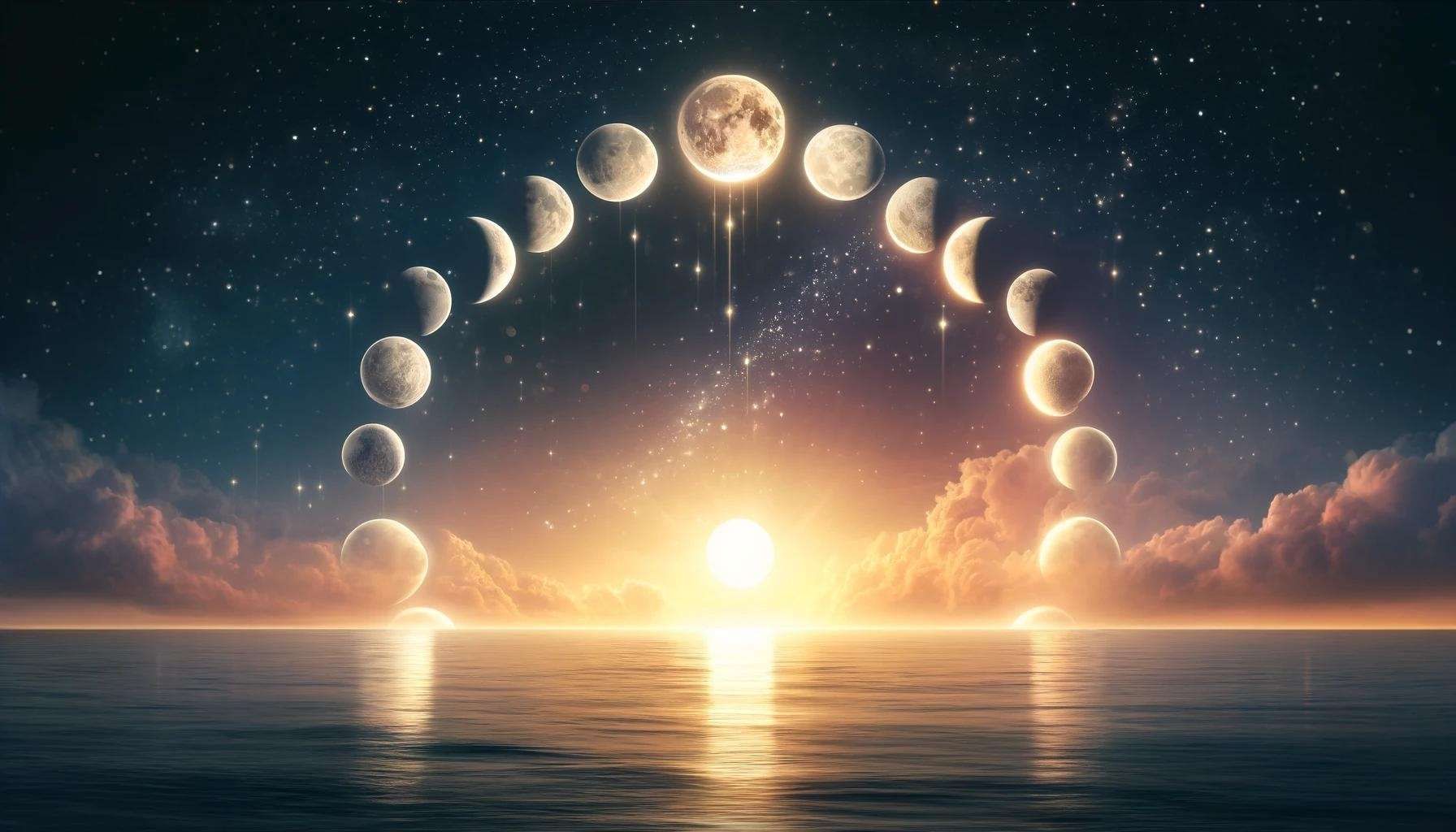 Phases of the moon arch over a sunset, reflecting on calm water under a starry sky.