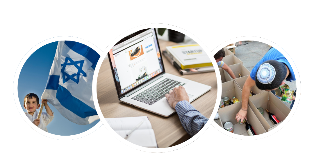 Israeli flag, person using laptop, people sorting donations.