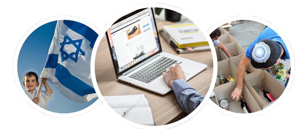 Three circular images: a person with an Israeli flag, a person using a laptop, a person sorting items into boxes.