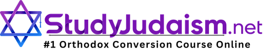 Logo for StudyJudaism.net, with a Star of David and text: StudyJudaism.net, #1 Orthodox Conversion Course Online.