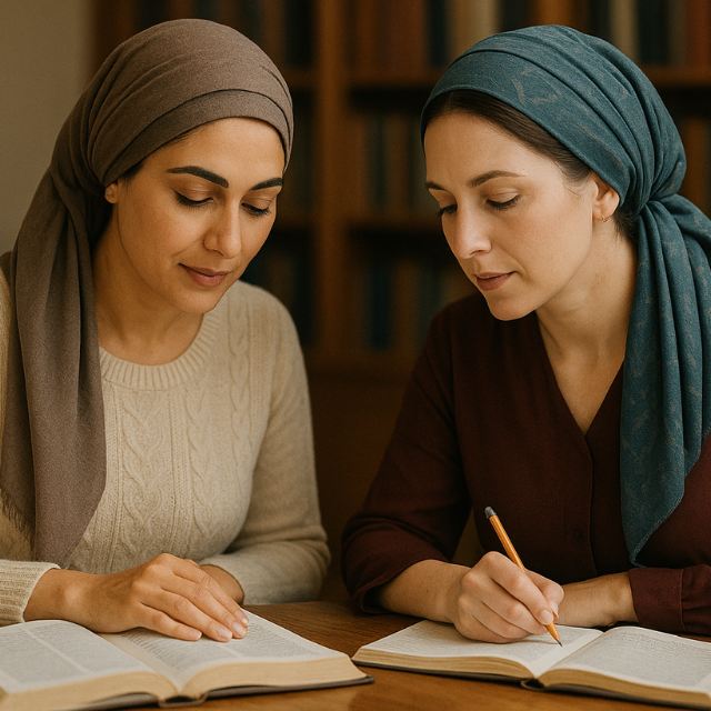 Two women in headscarves study books at a table. One writes with a pencil.