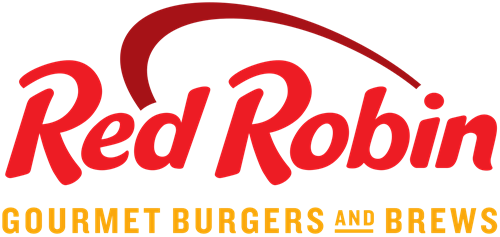 Red Robin logo with red text and a red bird swoosh above “Gourmet Burgers and Brews”