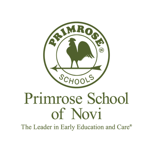 Primrose School of Novi logo with green rooster emblem and tagline "The Leader in Early Education and Care"