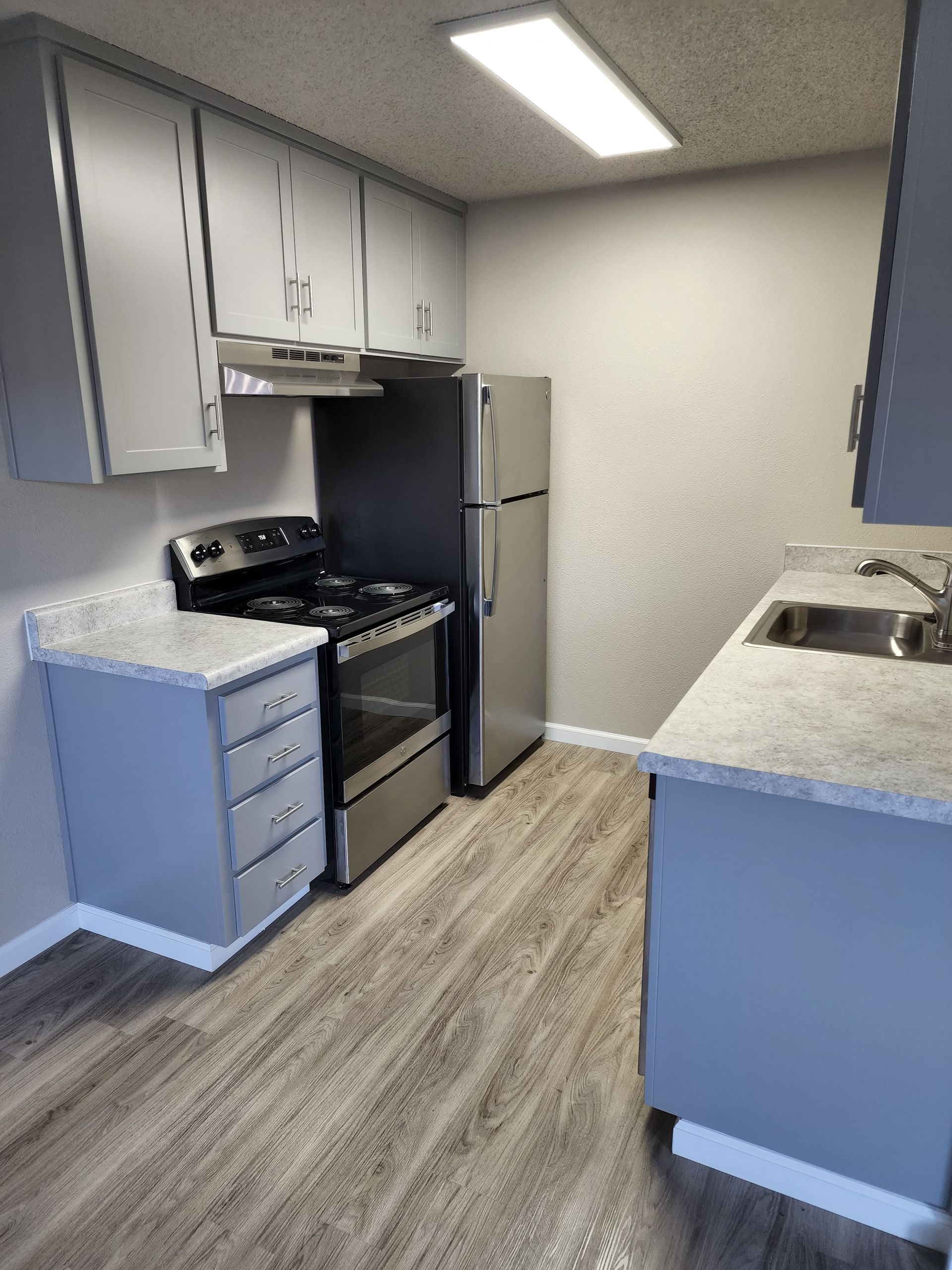 A small kitchen with gray cabinets, stainless steel appliances, and wood-look flooring.