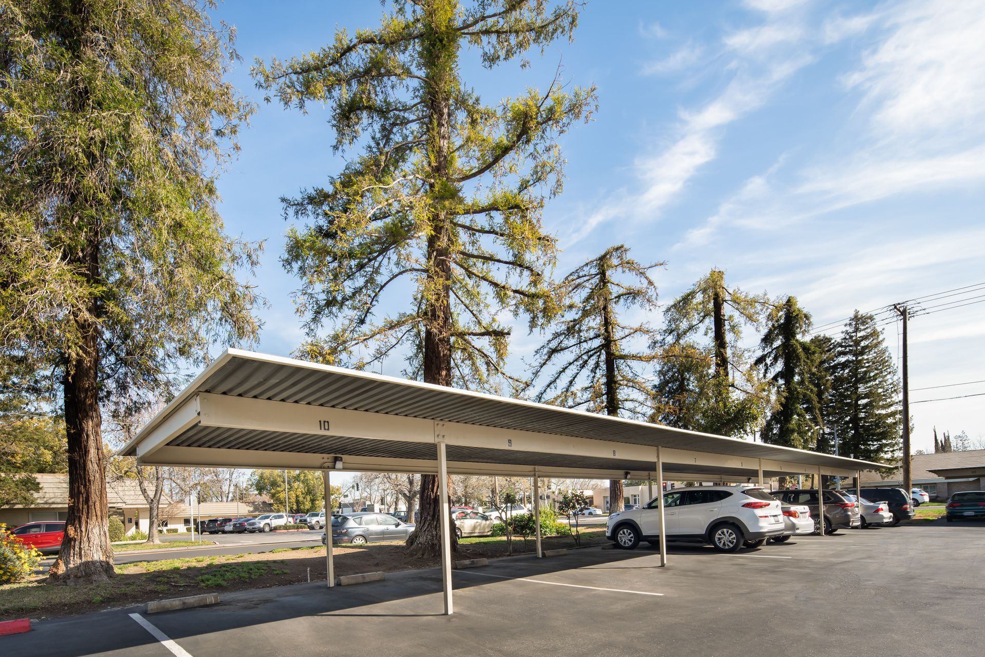 Carport with parked cars under a metal roof supported by white poles, with trees in background.