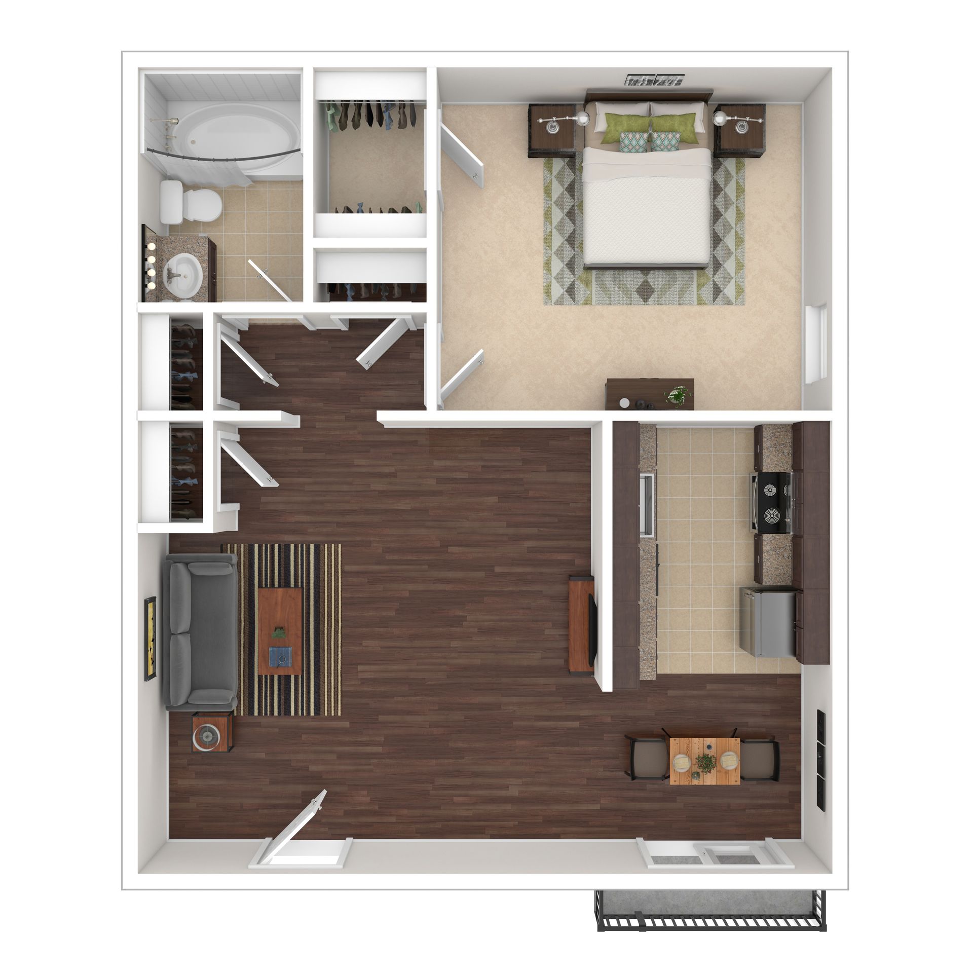 Floor plan: Bedroom, bathroom, kitchen, living area, and small balcony. Dark wood floors and neutral-toned walls.