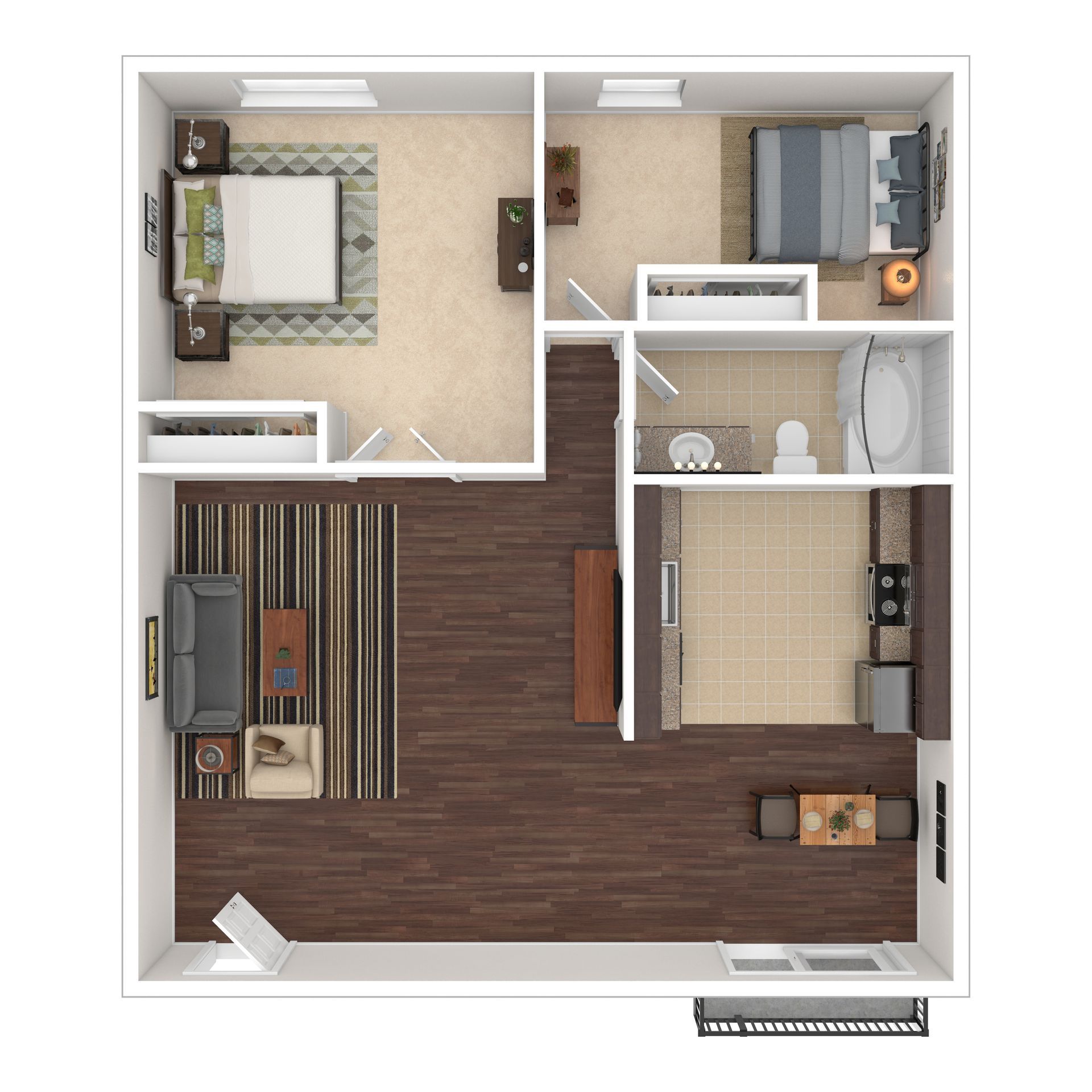 Floor plan of a two-bedroom apartment, showing rooms, furniture, and layout.
