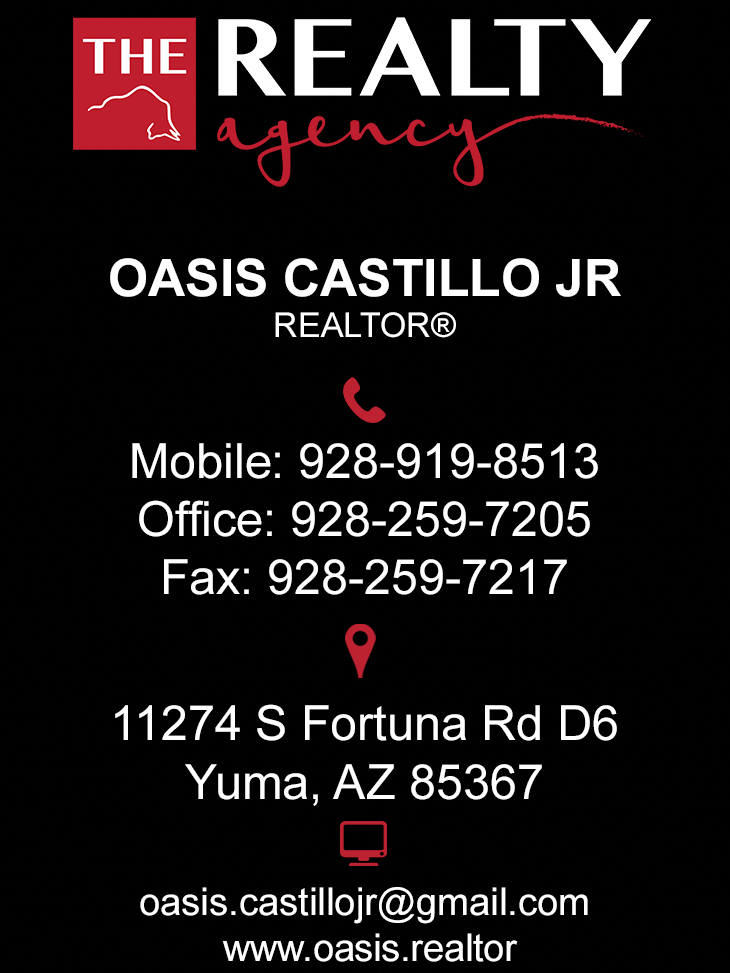 Business card for Oasis Castillo Jr, Realtor, with contact info: phone, address, and email. Black background, white text.