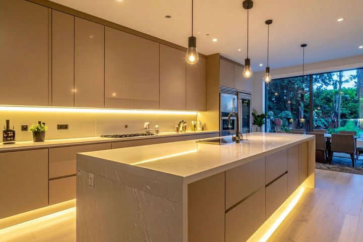 Modern kitchen with a large island, warm under-cabinet lighting, and floor-to-ceiling windows at night