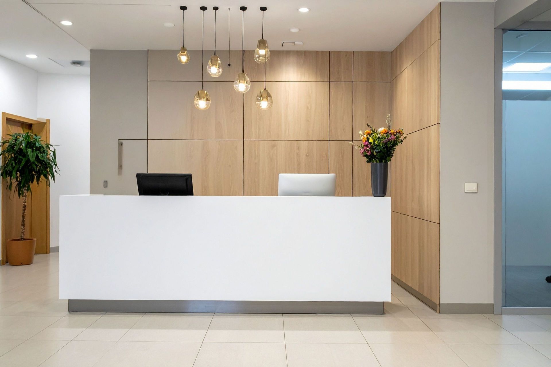 Modern office reception desk with pendant lights, wood-paneled wall, and flower arrangement Modern office reception desk with pendant lights, wood-paneled wall, and flower arrangement
