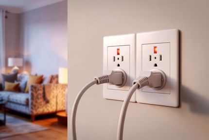 Two white outlets with plugs plugged in on a wall beside a blurred living room. Two white outlets with plugs plugged in on a wall beside a blurred living room.