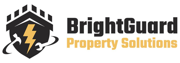 BrightGuard Property Solutions logo with black house and yellow lightning bolt