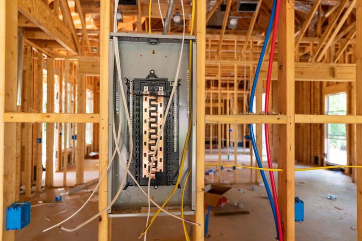 Framed house interior with electrical panel and exposed wiring during construction