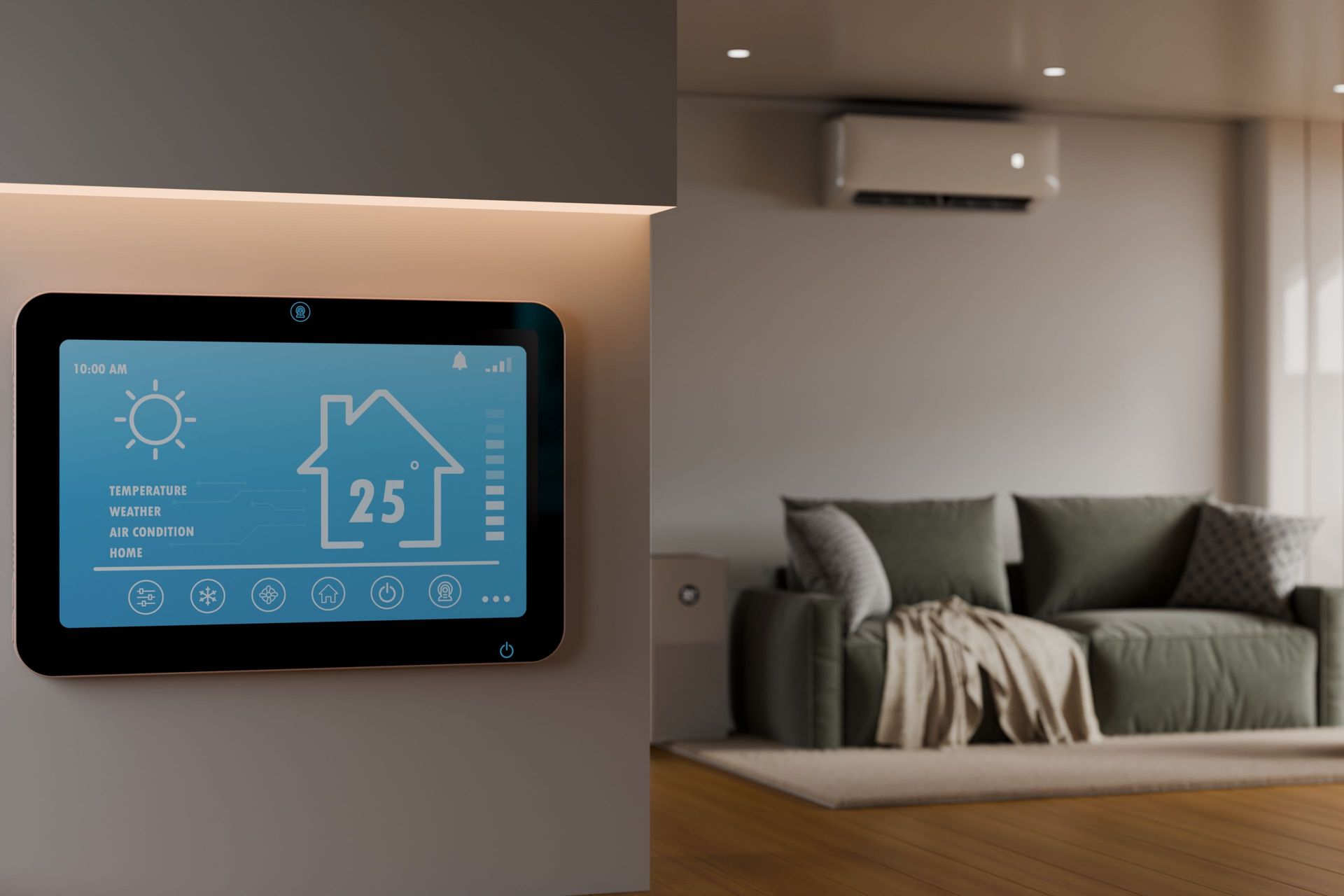 Smart thermostat display in a living room, showing 25°C beside a couch and wall-mounted air conditioner.