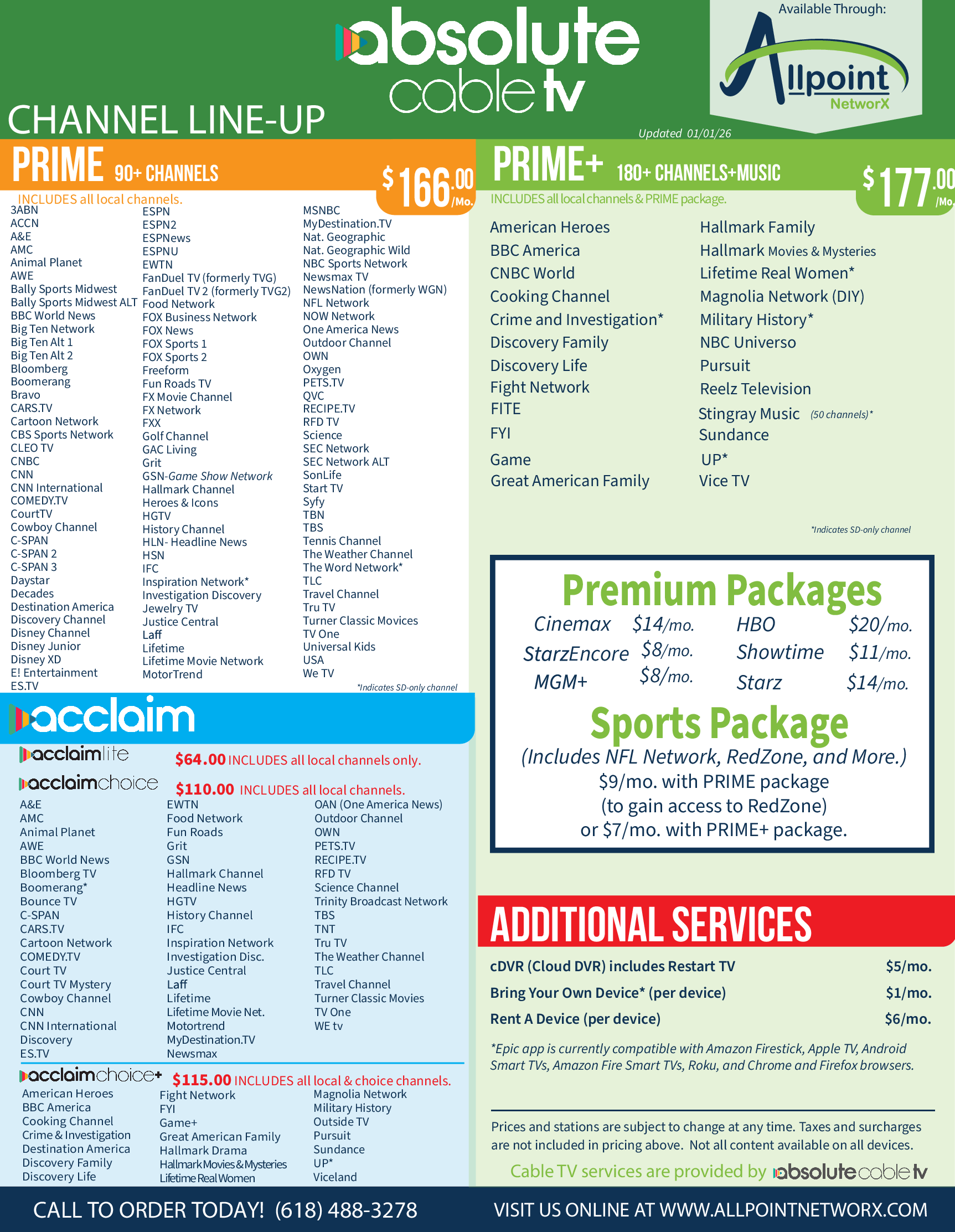Cable TV service rate card with channel lineups, package prices, and additional services sections in green, blue, and orange.