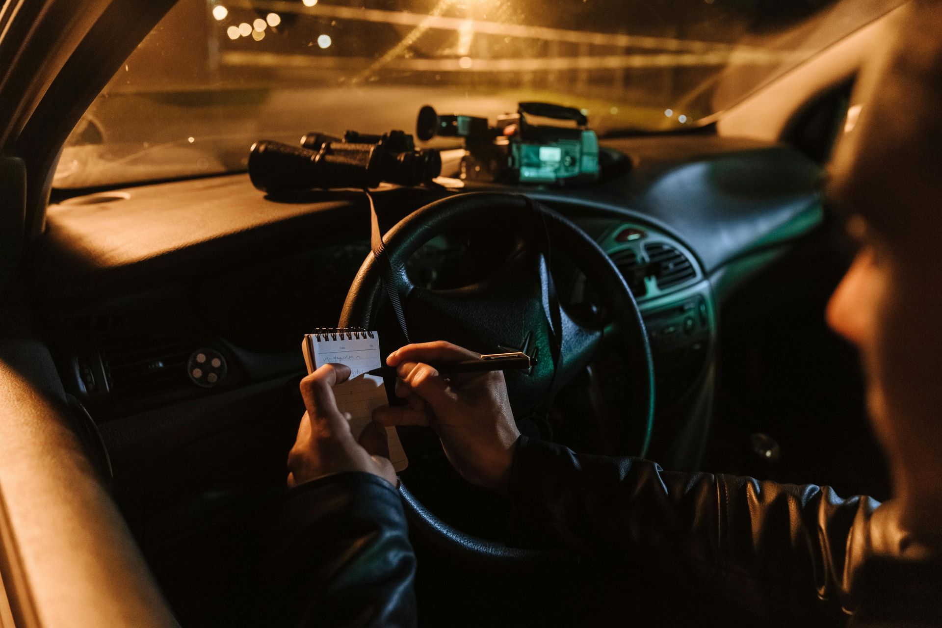 A person in a car writes in a small notebook, with binoculars and a camera mounted on the dashboard at night.