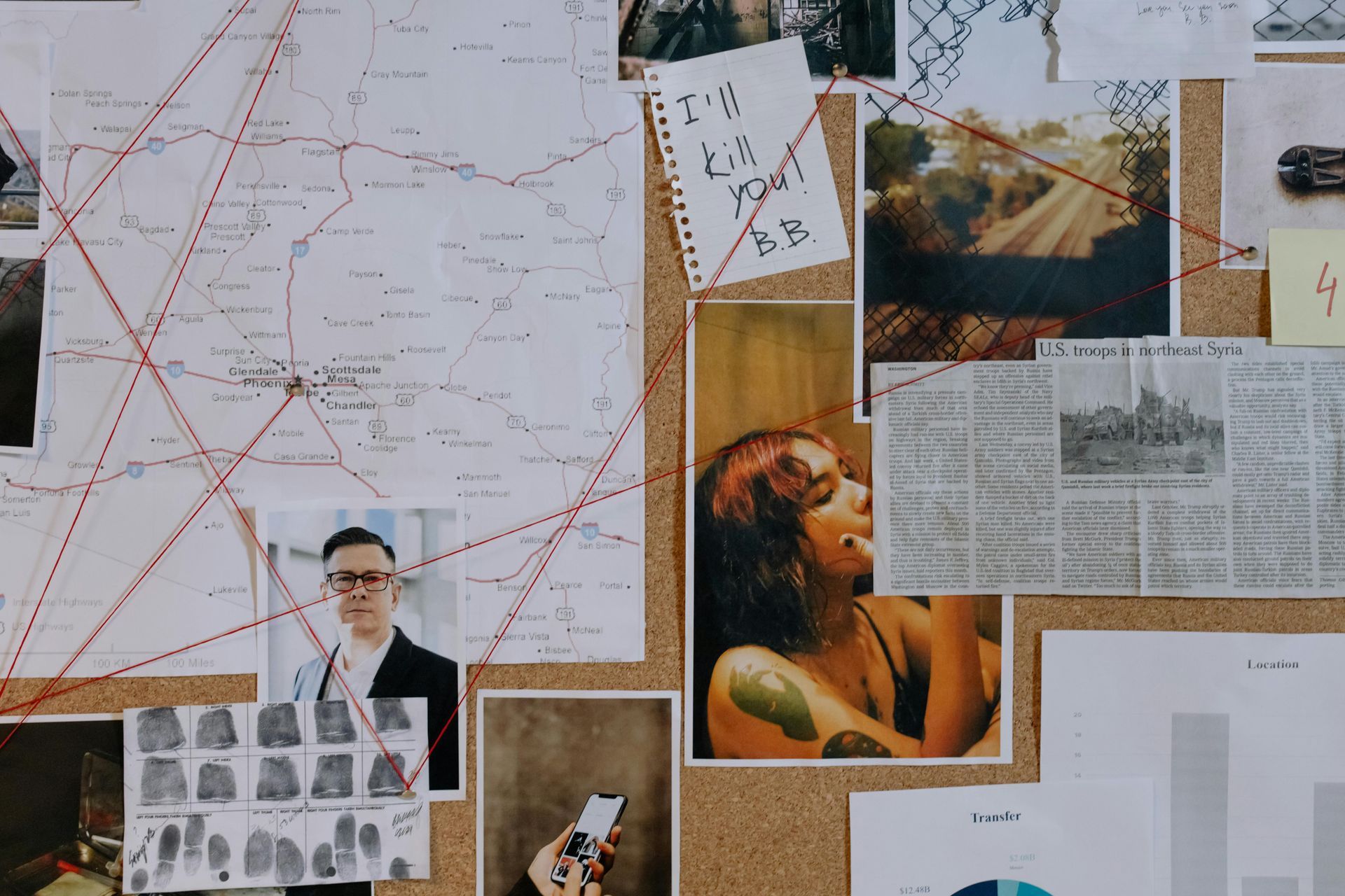 A corkboard featuring maps, red yarn, documents, photographs, and fingerprint records in a detective-style investigation.