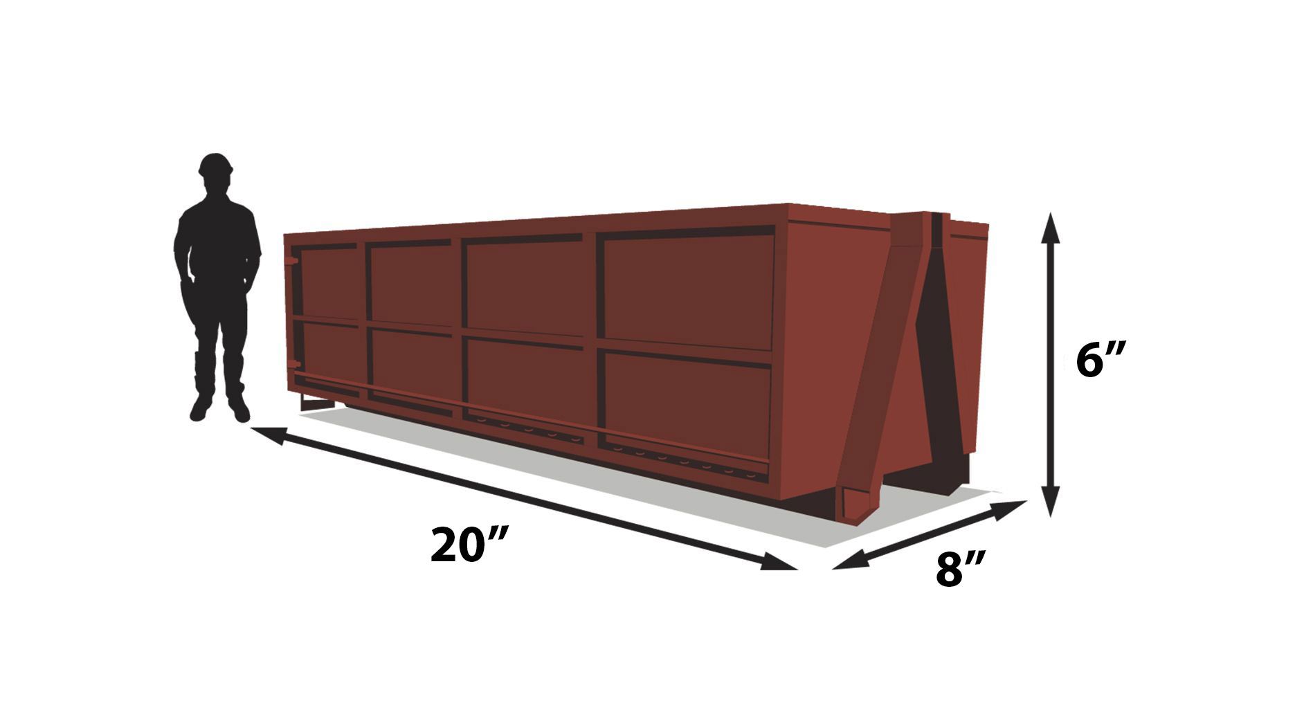 Red dumpster with dimensions indicated, beside a human silhouette.