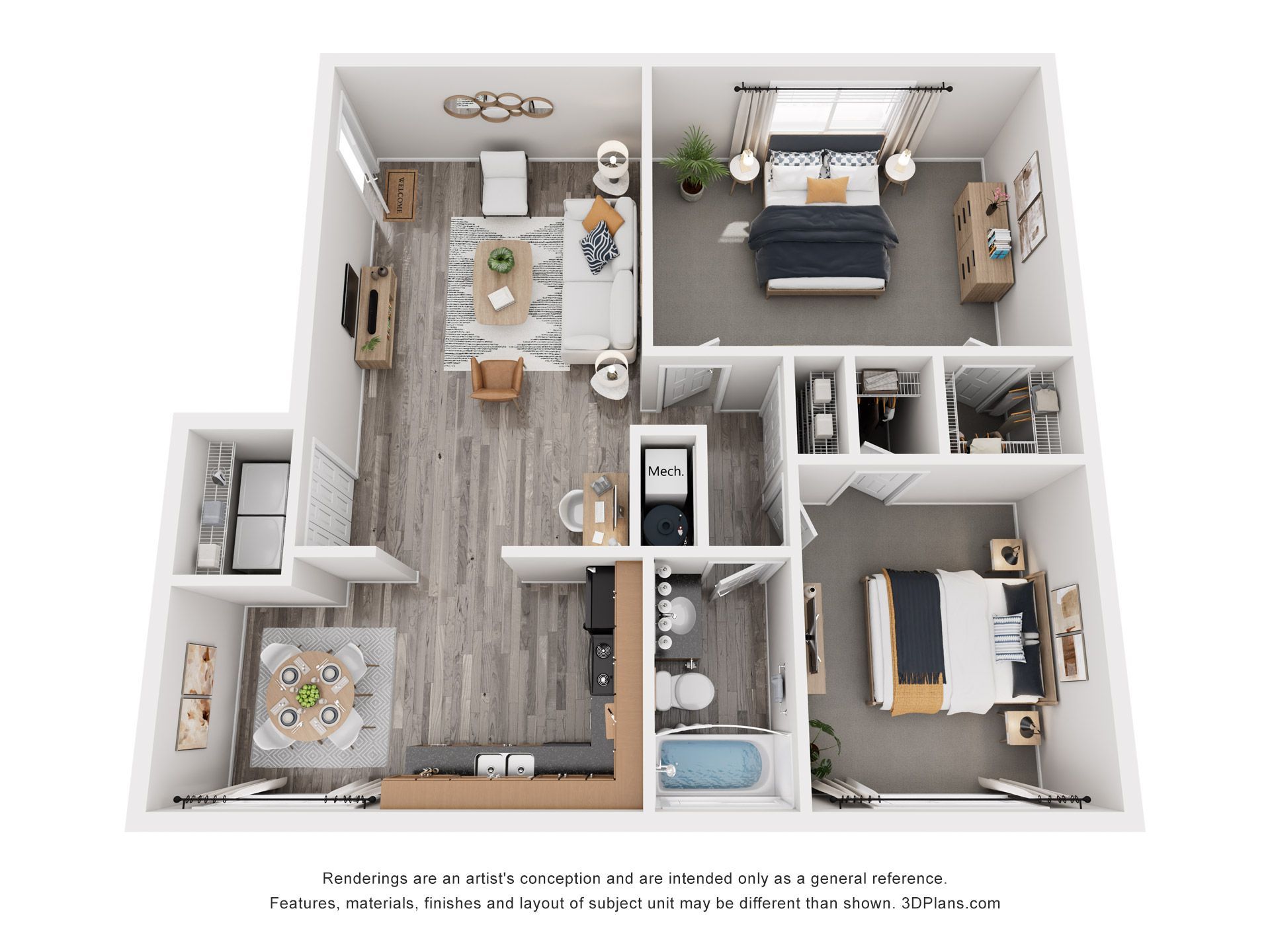 3D floor plan of a modern apartment with living room, bedroom, kitchen, bathroom, and balcony.