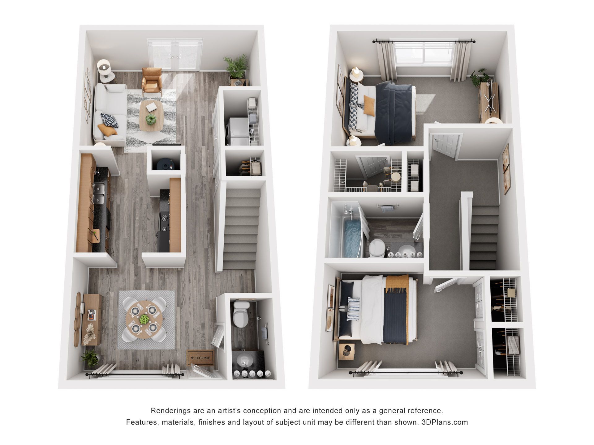 Two side-by-side top-down apartment floor plans with furnished rooms and stairs, one on a white background and one on gray.