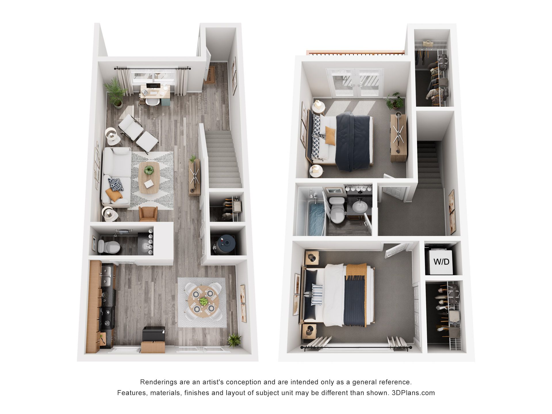 Two compact 3D apartment floor plans with stairs, bedrooms, bath, and living areas in white and wood tones