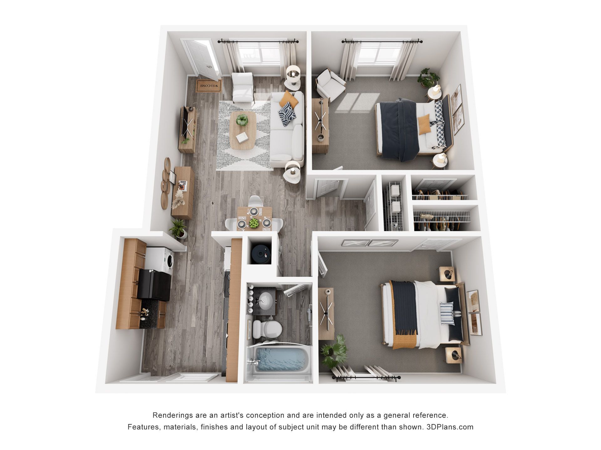 Top-down apartment floor plan with kitchen, living room, bathroom, and two bedrooms in gray and white tones