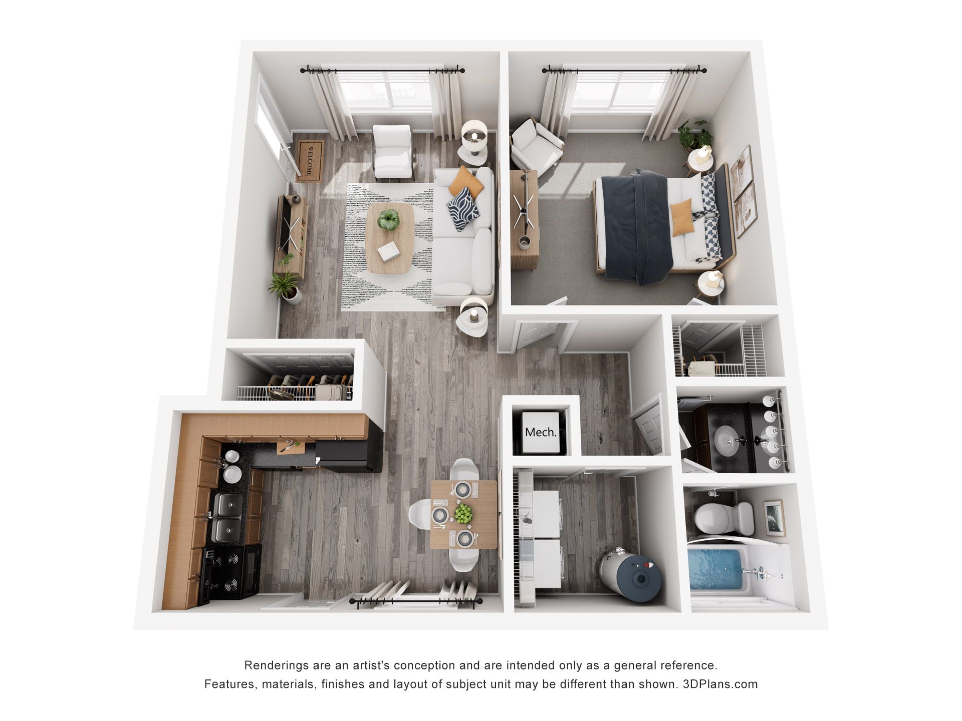 3D floor plan of a small apartment with kitchen, living area, bedroom, bathroom, and laundry room