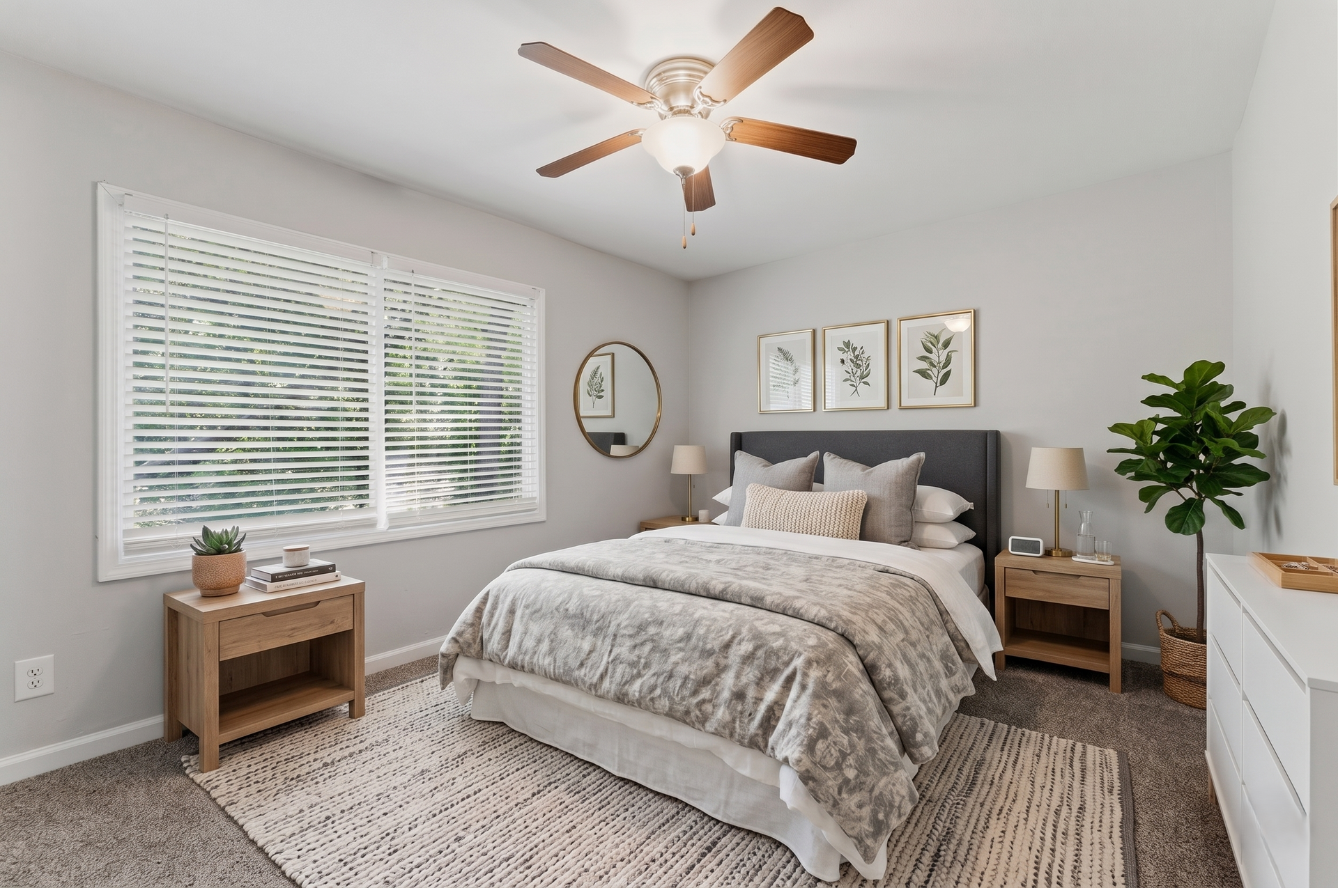 Bright bedroom with a gray bed, white walls, large window, ceiling fan, and potted plant.