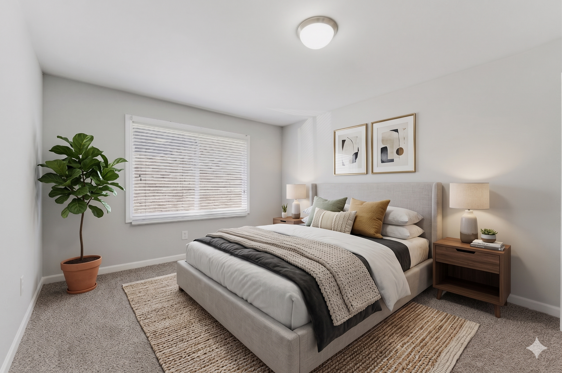 Bright minimalist bedroom with a bed, two nightstands, wall art, potted plant, and soft neutral decor