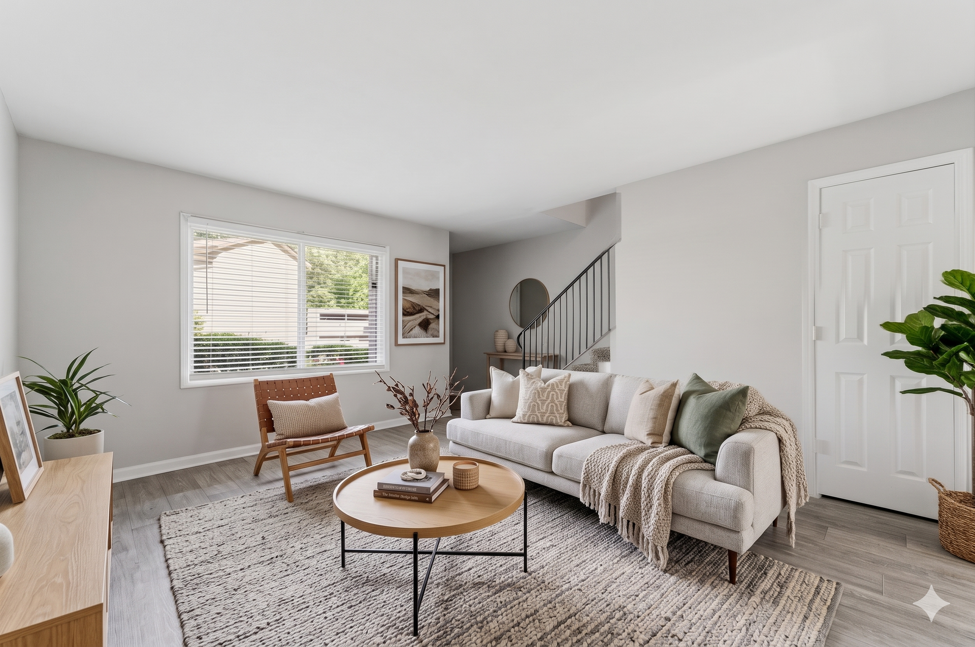 Bright living room with white sofa, round coffee table, rug, plants, and staircase.