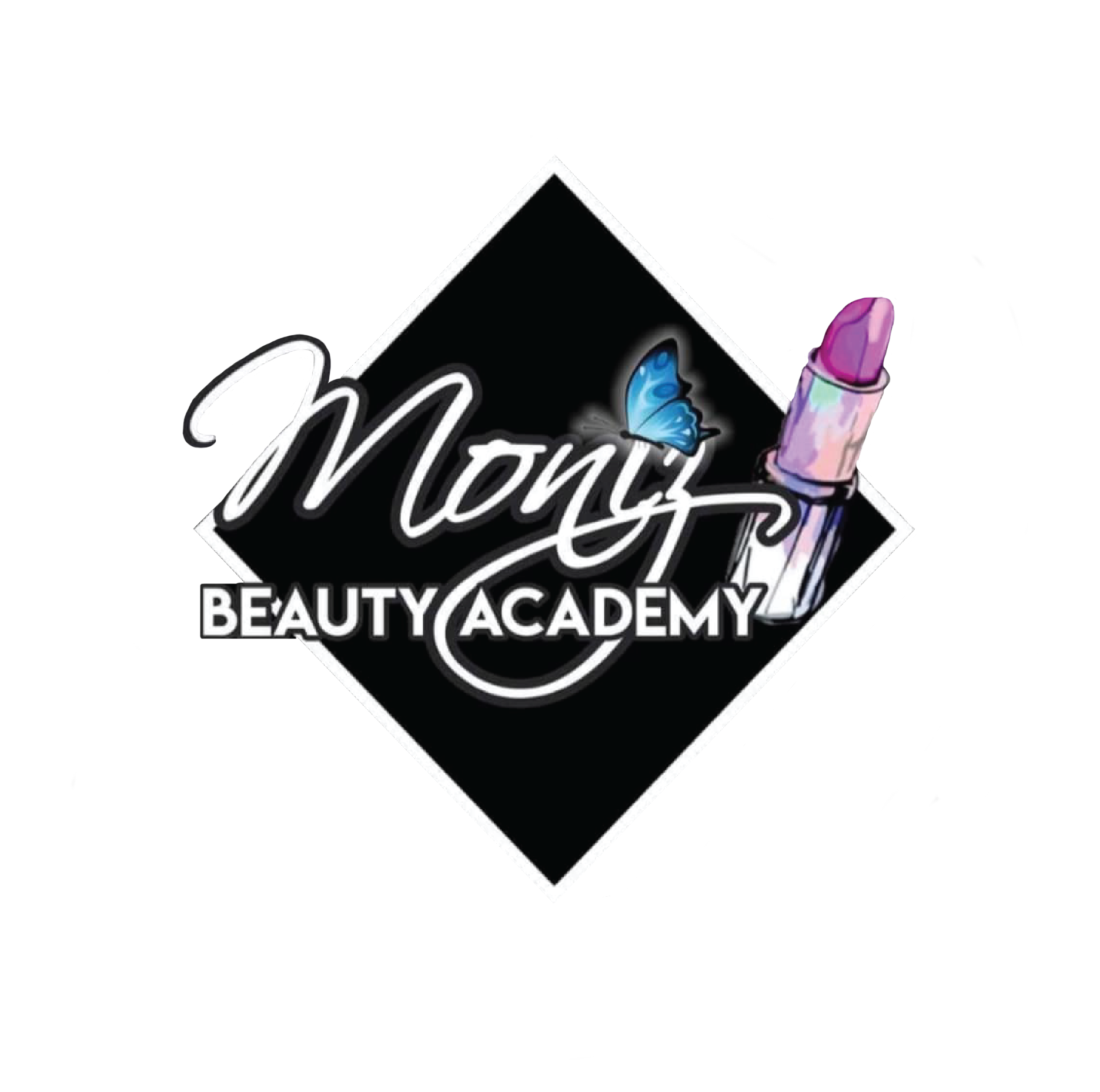 A logo for a beauty academy with a butterfly and lipstick.