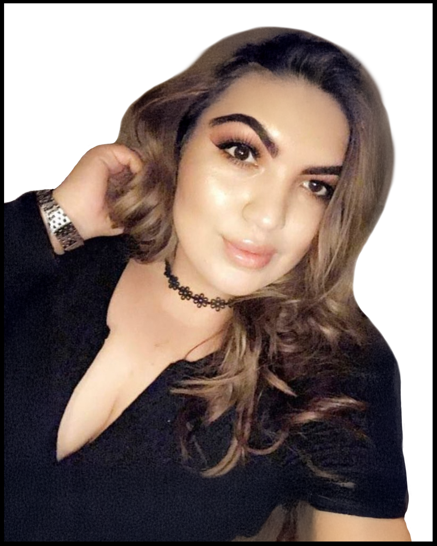 A woman wearing a choker and a black shirt is taking a selfie.