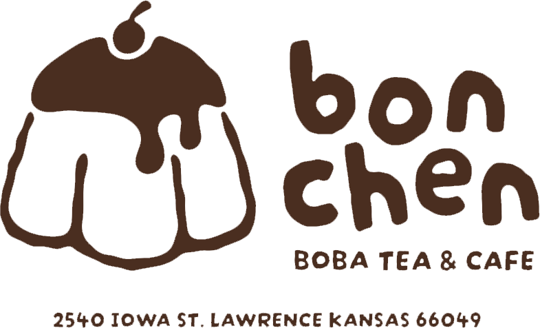 Bon Chen Boba Tea & Cafe logo with a dessert graphic and brown lettering, Lawrence, Kansas