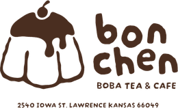Bon Chen Boba Tea & Cafe logo with a dessert graphic and brown lettering, Lawrence, Kansas